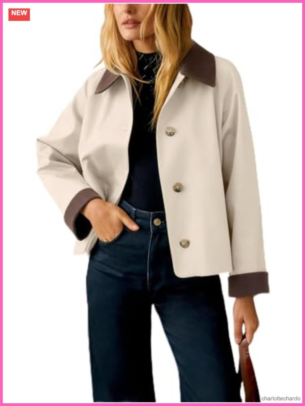 Women's Contrast Collar Crop Trench Coat Relaxed Fit Button Down Long Sleeve